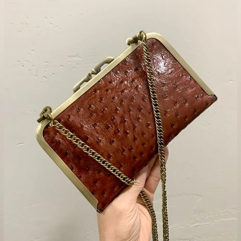 Handmade Genuine Ostrich Textured Cowhide, Kisslock Clutch/Passport Holder
